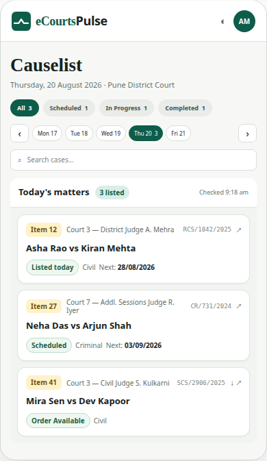 Illustrative eCourtsPulse mobile causelist showing three matters with item numbers, courts, case numbers, parties, statuses, and next dates